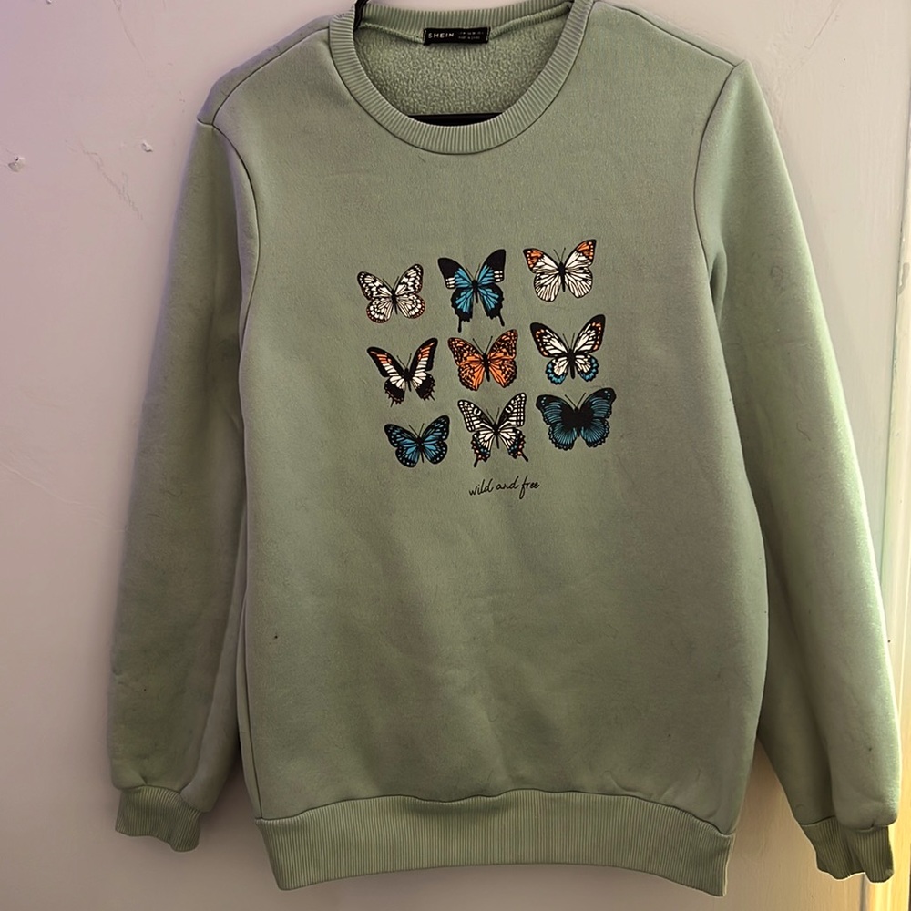 Butterfly Print Drop Shoulder Thermal Pullover
